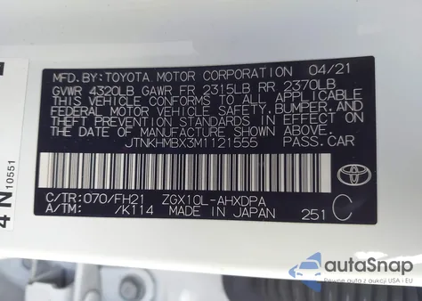 2021 Toyota C-Hr Le from USA, damaged, VIN JTNKHMBX3M1121555